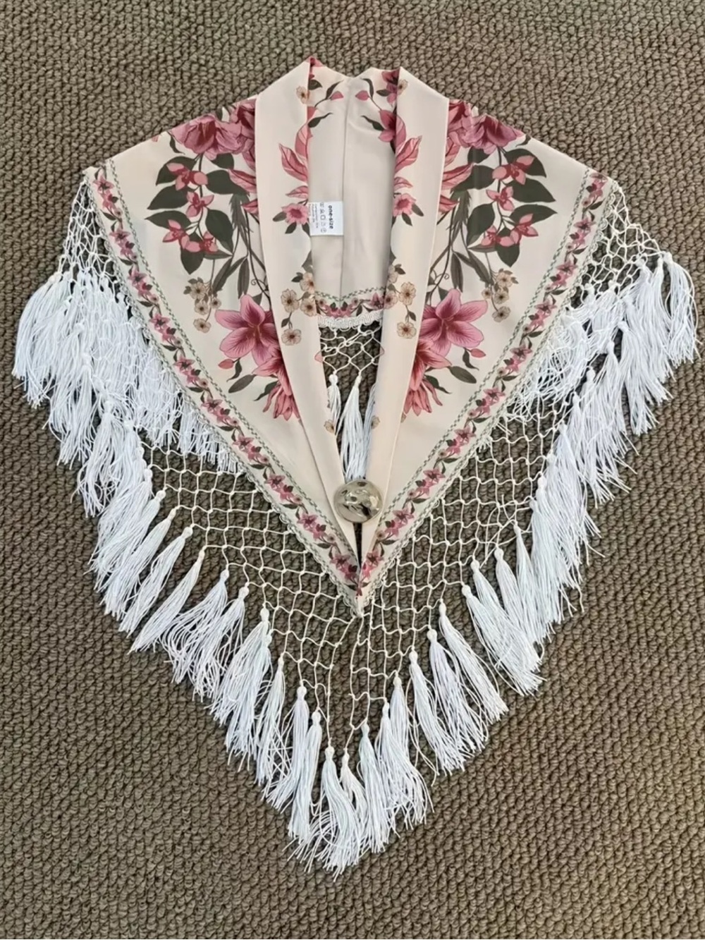 Floral Pink & White Fringe Triangle Scarf Wrap - Picture 6 of 11